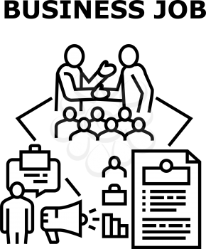 Business Job Vector Icon Concept. Searching Business Job And Sending Cv, Interview With Employer And Working In Company Office. Communication And Conversation With Director Black Illustration