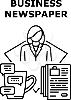Business Newspaper Reading Vector Icon Concept. Business Newspaper Reading Financial And Market News Publication, Businesswoman Read Information And Drinking Cup In Morning Black Illustration
