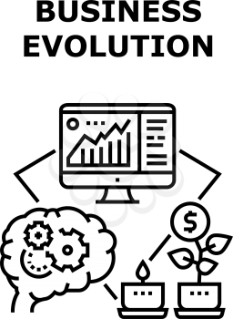 Business Evolution Develop Vector Icon Concept. Brain Thinking Process For Planning Strategy Of Business Evolution, Earning Money And Researching Innovation Technology Black Illustration