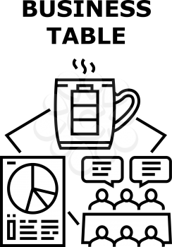 Business Table Vector Icon Concept. Business Table For Conference Meeting And Brainstorming With Employees, Project Presentation And Drinking Coffee Energy Drink And Black Illustration