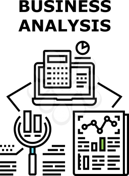 Business Analysis Report Vector Icon Concept. Business Analysis Report And Calculating Financial Audit, Counting Profit With Digital Calculator On Laptop And Research Diagram Black Illustration