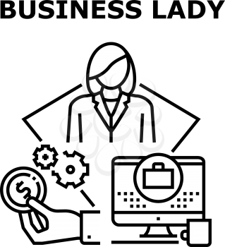 Business Lady Vector Icon Concept. Business Lady Earning Money And Working Online, Searching Job In Internet Or Search Idea For Startup. Businesswoman Occupation Black Illustration