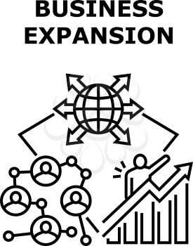 Business Expansion In World Vector Icon Concept. Business Expansion In World, Enterprise Opening Branches Offices Worldwide, Company Growth And Increase Money Profit Black Illustration