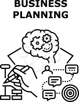 Business Planning Strategy Vector Icon Concept. Businessman Brain Thinking About Startup And Business Planning Strategy. Mind Working Process. Marketing Plan Researching Black Illustration