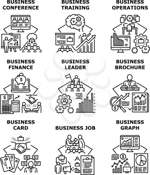 Business Training Set Icons Vector Illustrations. Business Training And Conference, Job Brochure And Graph Card, Leader Finance Operations And Management. Profession Education Black Illustration