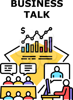 Business Talk Vector Icon Concept. Online Business Talk With Colleague Or Partner And Discussion Problem Or Agreement Conditions In Conference Room. Team Talking About Strategy Color Illustration