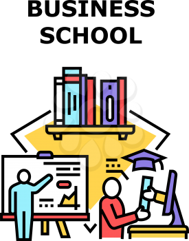 Business School Vector Icon Concept. Business School Educational Process For Study Businessman And Manager, Education Books Literature For Learning Management And Financial Work Color Illustration