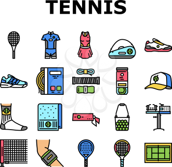 Tennis Sport Game Competition Icons Set Vector. Women And Men Tennis Apparel Clothes, Racquet And Ball Accessories, Court Playground And Net, Headband And Socks Line. Color Illustrations