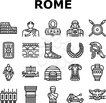Ancient Rome Antique History Icons Set Vector. Ancient Rome Amphora Vase And Sword, Warrior Legionary Helmet And Costume, Aqueduct And Coliseum Arena Construction Black Contour Illustrations