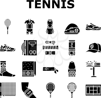 Tennis Sport Game Competition Icons Set Vector. Women And Men Tennis Apparel Clothes, Racquet And Ball Accessories, Court Playground And Net, Headband And Socks Glyph Pictograms Black Illustrations