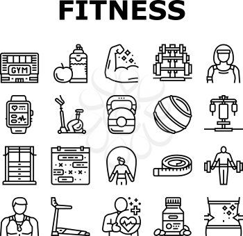 Fitness Health Athlete Training Icons Set Vector. Sportsman Equipment For Make Muscle Exercise And Fitness Bracelet Gadget, Barbell Rack And Dumbbell Tool Black Contour Illustrations