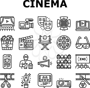 Cinema Watch Movie Entertainment Icons Set Vector. Booking Ticket And Buying Popcorn With Drink For Watching Film In Cinema, Projector And 3d Glasses Tool Black Contour Illustrations
