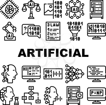 Artificial Intelligence System Icons Set Vector. Artificial Intelligence Binary Code And Robot, Digital Brain And Robotic Arm Collection Black Contour Illustrations
