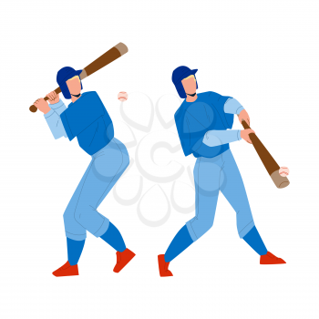 Baseball Player Hit Ball With Bat On Field Vector. Professional Baseball Player Playing Sport Game With Sportive Accessories. Character Hitting Motion, Active Lifestyle Flat Cartoon Illustration