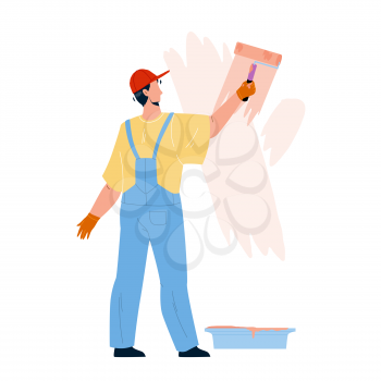 Painter Man Painting Wall With Roller Tool Vector. Painter Boy Renovating And Coloring Room With Paintbrush. Character Repairman Profession, Renovation House Or Office Flat Cartoon Illustration