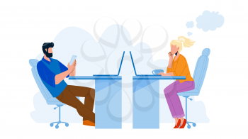 Procrastinating Office Workers Colleagues Vector. Man Play On Phone And Woman Sitting At Table, Watching Computer Screen And Drinking Coffee, Procrastinating Work. Characters Flat Cartoon Illustration