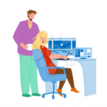 Video Editor Working On Laptop At Workplace Vector. Young Man And Woman Couple Video Editor Work Together And Editing Film Or Clip. Characters Movie Production Flat Cartoon Illustration