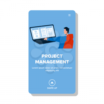 Project Management Business Occupation Vector. Project Management, Planning And Optimization Of Work, Employee Working At Laptop. Character Worker Programming And Coding Web Flat Cartoon Illustration