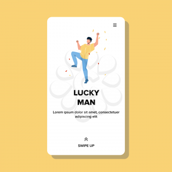 Lucky Man Dancing And Celebrating Event Vector. Energy Happy Lucky Man With Expression Celebrate Successful Achievement. Happiness And Luck Character Guy Web Flat Cartoon Illustration