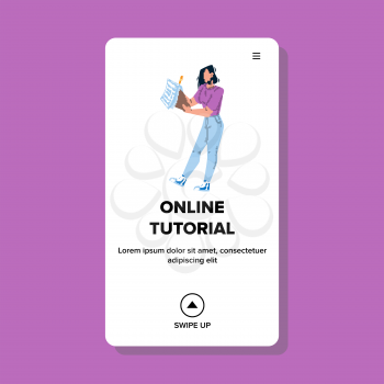 Online Tutorial Reading Young Woman Student Vector. Girl Read Online Tutuorial, Preparing For Education Graduation. Character Lady Studying Literature Web Flat Cartoon Illustration