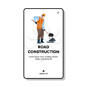 Road Construction Occupation Of Repairman Vector. Road Construction Worker Man In Uniform With Shovel Patching Hole In Asphalt. Character Builder Highway Repair Service Web Flat Cartoon Illustration