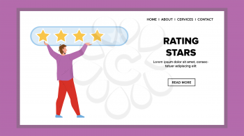 Rating Stars Putting Customer Or Service Vector. Young Man Client Rating Stars For Product Quality Review Or Restaurant Feedback. Character Businessman Grading Web Flat Cartoon Illustration
