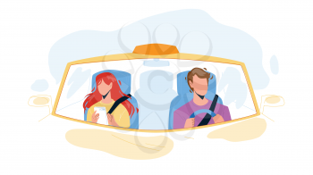 Driver Man Driving Car And Carrying Girl Vector. Driver Drive Transport With Passenger Young Woman. Characters Guy And Lady In Transport, Taxi Carry Client Flat Cartoon Illustration