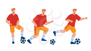 Football Player Playing And Kicking Ball Vector. Soccer Player Exercising And Play With Sportive Equipment In Competitive Game. Character Man Athlete Active Sport Time Flat Cartoon Illustration