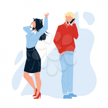 Phone Communication And Conversation People Vector. Mobile Phone Communication Young Man And Woman, Talking Together Through Wireless Device Smartphone. Characters Flat Cartoon Illustration