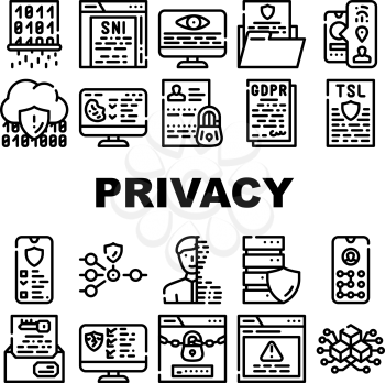 Privacy Policy Protect Collection Icons Set Vector. Biometric Data Protection And Privacy Police, Digital Portrait And Encryption Key Black Contour Illustrations