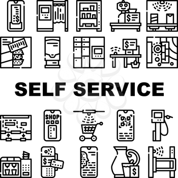 Self Service Buying Collection Icons Set Vector. Self Service Robot Cashier And Photo Kiosk, Digital Check And Terminal For Payment Black Contour Illustrations