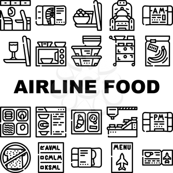 Airline Food Nutrition Collection Icons Set Vector. Armchair With Table For Airline Food And Microwave, Alcohol And Business Class Lunch Black Contour Illustrations
