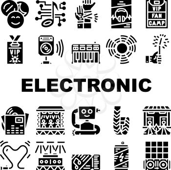 Electronic Dance Music Collection Icons Set Vector. Digital Music And Circular Equalizer, Glow Stick And Bracelet Badge, Ticket And Dj Console Glyph Pictograms Black Illustrations