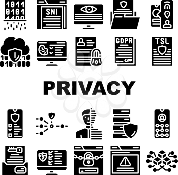 Privacy Policy Protect Collection Icons Set Vector. Biometric Data Protection And Privacy Police, Digital Portrait And Encryption Key Glyph Pictograms Black Illustrations