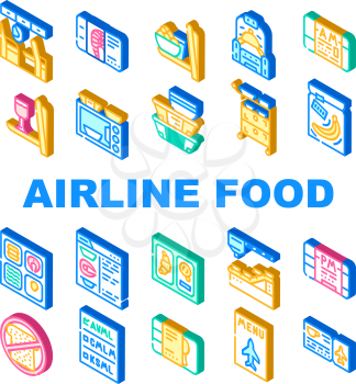 Airline Food Nutrition Collection Icons Set Vector. Armchair With Table For Airline Food And Microwave, Alcohol And Business Class Lunch Isometric Sign Color Illustrations