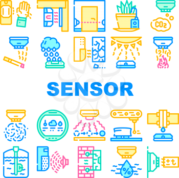 Sensor Electronic Tool Collection Icons Set Vector. Motion And Vibration, Beam And Humidity, Plant Watering And Dimension Gauge, Fire And Smoke Sensor Concept Linear Pictograms. Contour Illustrations