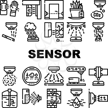 Sensor Electronic Tool Collection Icons Set Vector. Motion And Vibration, Beam And Humidity, Plant Watering And Dimension Gauge, Fire And Smoke Sensor Black Contour Illustrations