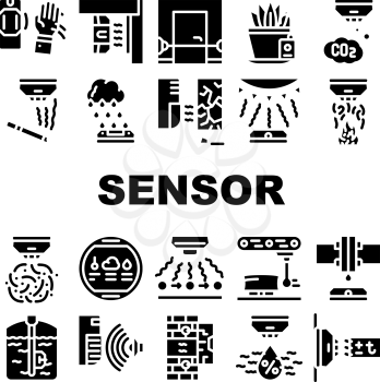 Sensor Electronic Tool Collection Icons Set Vector. Motion And Vibration, Beam And Humidity, Plant Watering And Dimension Gauge, Fire And Smoke Sensor Glyph Pictograms Black Illustrations