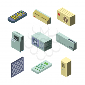 Conditioner Cooling System Collection Isometric Set Vector. Different Style Remote, Air Condition Wind Equipment, Conditioner Outdoor Block And Wall Grid Ventilation. Climate Device Illustrations