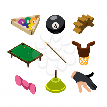 Snooker Game Pay Equipment Collection Isometric Set Vector. Snooker Table And Triangle Tool With Balls, Black Eight And Glove For Fingers, Billiard Cue And Rack. Gaming Accessories Illustrations