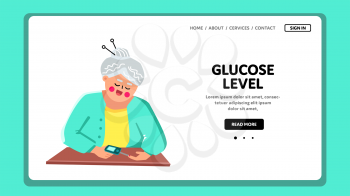Glucose Level In Blood Checking Grandmother Vector. Woman Senior Examining Glucose Level With Glucometer Medical Gadget. Character Elderly Lady With Medicine Device Web Flat Cartoon Illustration