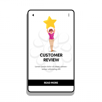 Customer Review After Purchase Or Service Vector. Young Woman Holding Star And Making Success Customer Review And Feedback. Character Girl Client Evaluation Web Flat Cartoon Illustration