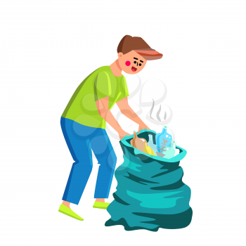 Gathering Trash Collecting Volunteer Man Vector. Young Boy Gathering Trash And Garbage Putting In Bag. Character Guy Volunteering And Cleaning Environment Nature Flat Cartoon Illustration