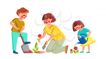 Mother With Son And Daughter Plant Flowers Vector. Woman And Children Planting Flowers In Garden. Characters Family Parent And Kids Gardening Occupation On Backyard Flat Cartoon Illustration