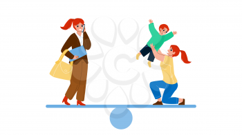Woman Career And Family Life Time Balance Vector. Businesswoman Work And Mother Playing With Son Life Decision. Characters Girl Profession Occupation And Female Play With Kid Flat Cartoon Illustration