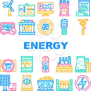 Energy Manufacturing Collection Icons Set Vector. Energy Safe Lightbulb And Electrical Equipment, Industrial Power Production Plant And Infrastructure Line Pictograms. Contour Color Illustrations