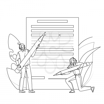 Application Form Filling People With Pencil Black Line Pencil Drawing Vector. Young Man And Woman Fill Application Form Document Page. Characters Businesspeople Writing Information In Agreement Illustration