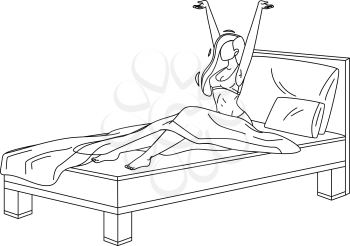 Woman Awake Morning In Comfortable Bed Black Line Pencil Drawing Vector. Young Girl Awake From Healthy Sleep Yawn Feel Satisfied After Night Dreams In Room House. Character Bedroom Illustration