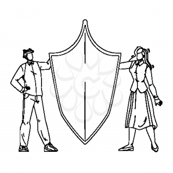 Brand Building, Trademark Or Product Name Black Line Pencil Drawing Vector. Man And Woman Designers Holding Protective Shield For Creative Brand Build. Characters Businessman And Businesswoman Illustration