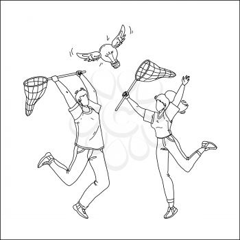 Catching Idea With Net Man And Woman People Black Line Pencil Drawing Vector. Boy And Girl Catch Idea Flying Lightbulb Together. Characters Businesspeople Holding Netting, Ideation Concept Illustration